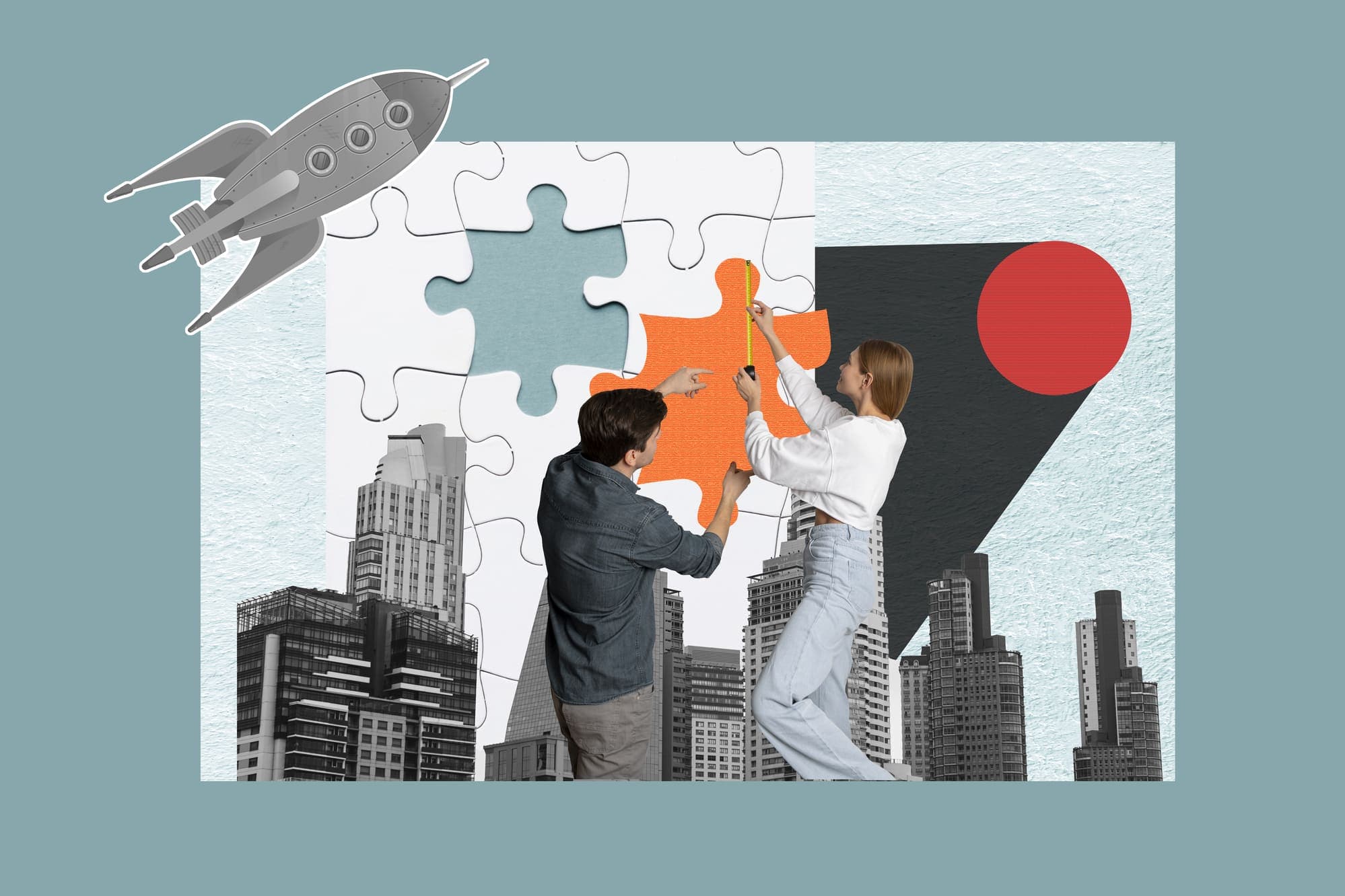 Collage illustration of business idea generation and problem solving